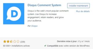 Capture d'écran de plugin WordPress "Disqus Comment System"