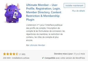 Capture d'écran de plugin WordPress "Ultimate Member"