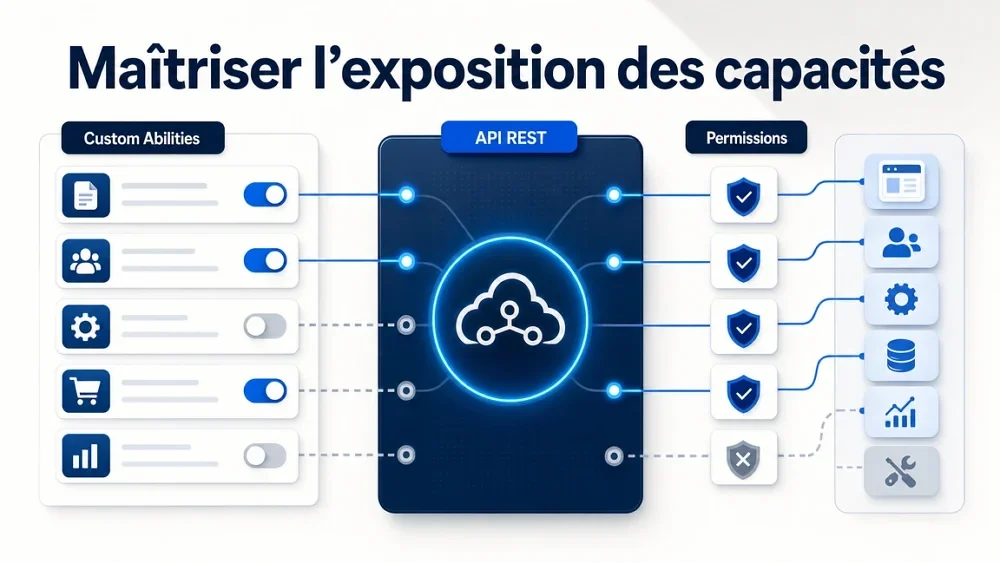 Illustration d’un tableau de contrôle limitant l’exposition des capacités WordPress à une API