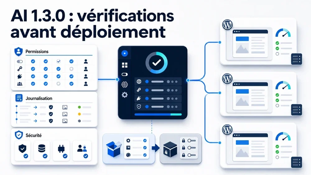 Équipe d’agence vérifiant les permissions et réglages d’un déploiement IA sur WordPress