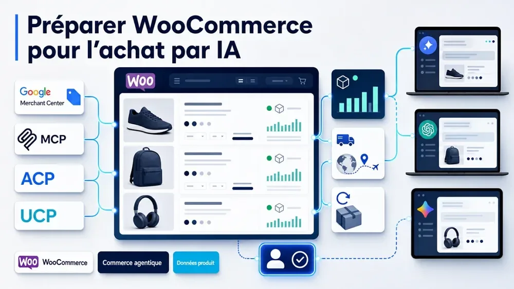Schéma visuel d’une boutique WooCommerce préparée pour les achats assistés par intelligence artificielle