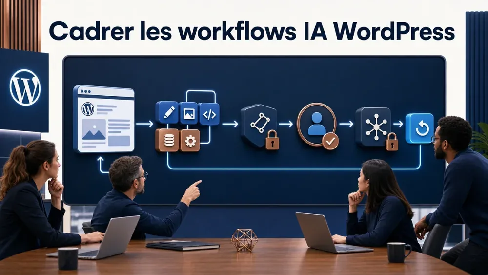 Équipe technique cadrant un workflow IA pour un site WordPress