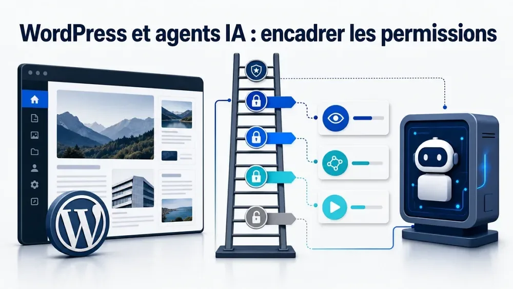 Illustration conceptuelle du contrôle des permissions d’agents IA sur WordPress