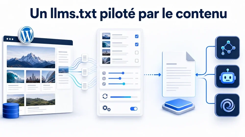 Illustration d’un fichier Markdown reliant le contenu public d’un site WordPress à des outils d’intelligence artificielle