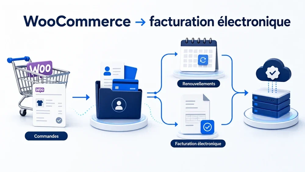 Workflow automatisé reliant WooCommerce aux renouvellements et à la facturation électronique