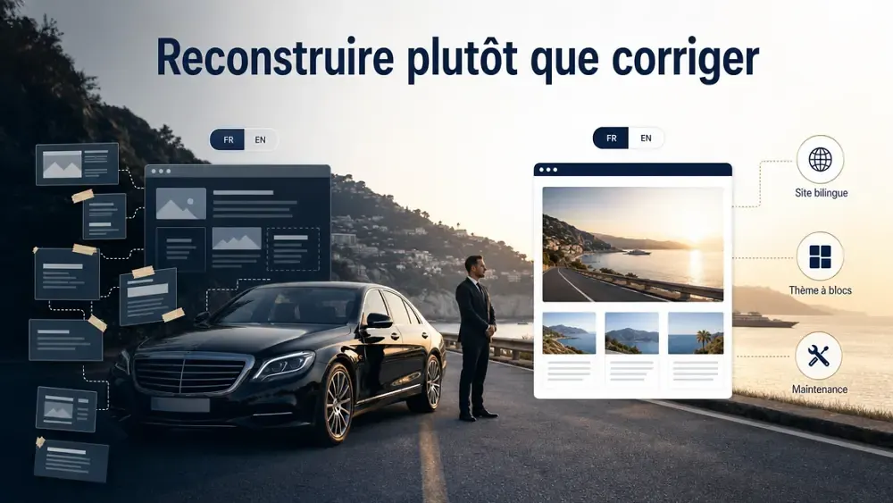 Berline avec chauffeur sur la Côte d’Azur, illustration d’une refonte du site MBC Limousines